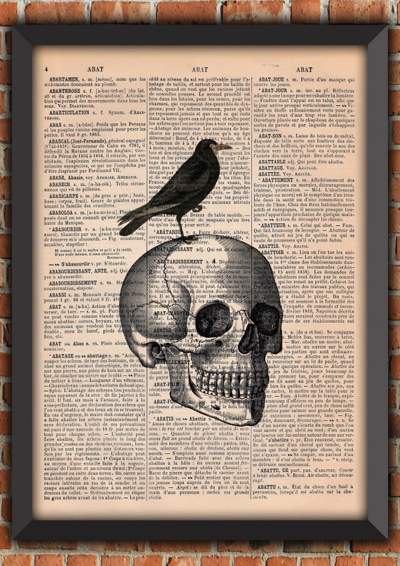 Skull Crow Raven Gothic Punk Crane Head Skeleton Vintage Art Print  Home Decor Gift Poster Original Dictionary Book Page Print [A017]