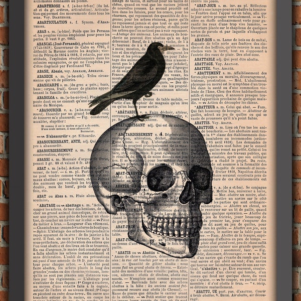 Crâne Tête De Mort Corbeau Gothique Punk Vintage Art Print Décoration Murale Cadeau Poster Original Dictionnaire Page Impression [A017]