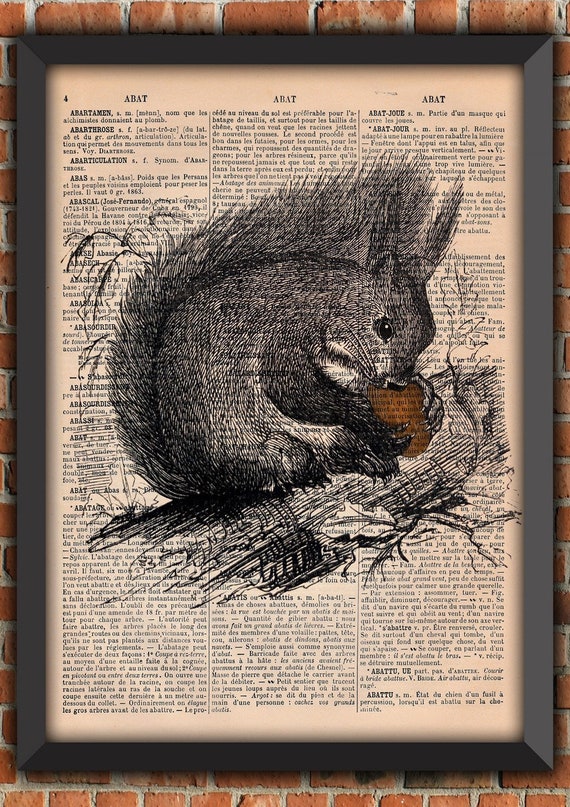 Squirrel cute Tree  Nuts Forest Animal Vintage Art Print french Home Decor Gift Poster Original Dictionary Page Print Authentique prints