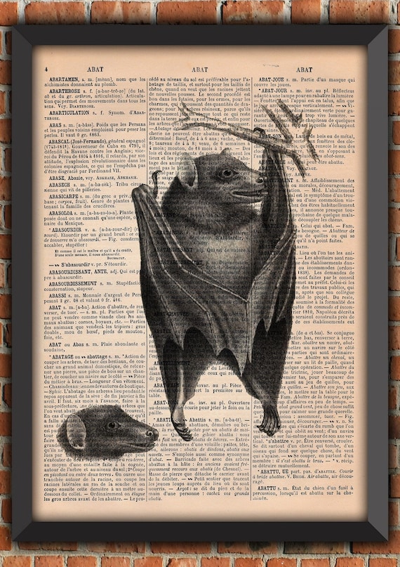 Bat Skeleton Dark Gothic Odd Scary Witch Punk Dark Spooky Goth Vintage Art Print Home Decor Gift Poster Original Dictionary Page Print