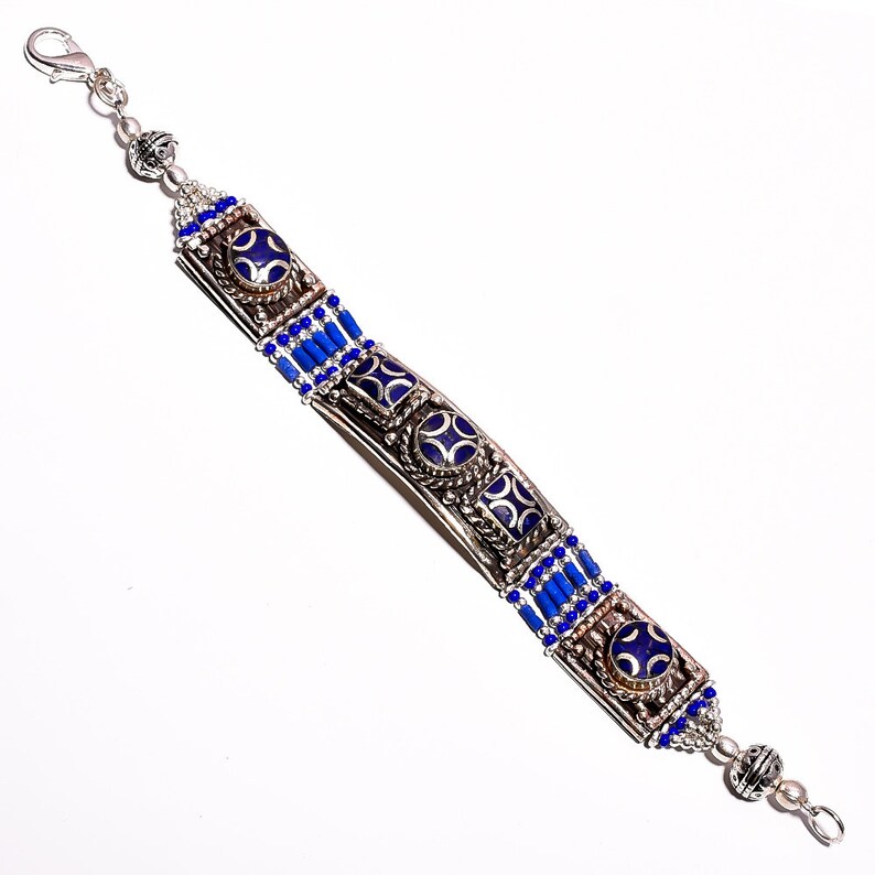 Tibet Silver Lapis Lazuli Mosaic Bracelet Native Bohemian Egypt African Ethnic Gypsy Tribal Nomad Turkish Indian Nepal Jewelry