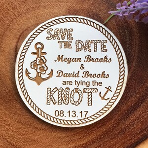 Save the Date, round wood magnet, White finish-anchor theme, set of 20