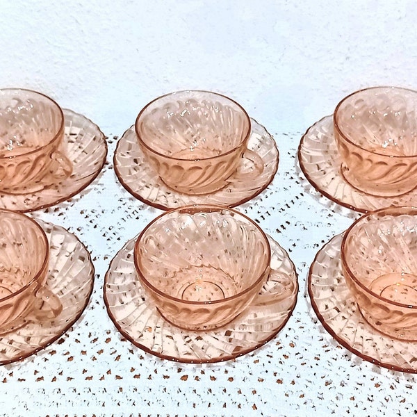 Ensemble 6 Tasses + sous-tasses en verre rose Rosaline