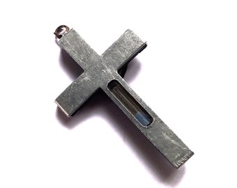 Croix bois et argent reliquaire eau bénite de ND de Lourdes