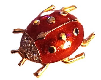 Red ladybug brooch, gold tone and rhinestones