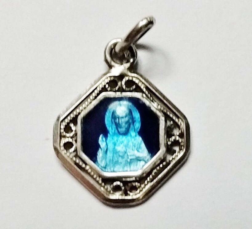 Argent - Ancienne Médaille Religieuse Émail Bleu