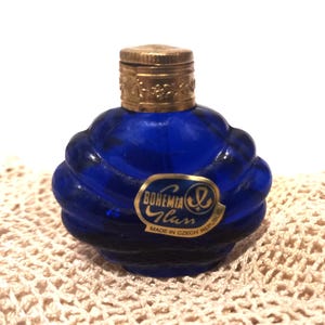 Small Vintage Empty Czech Boho Blue Glass Perfume Bottle with Applicator