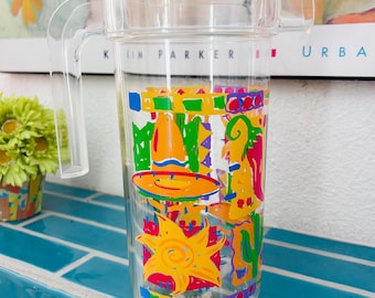 Vintage Precision Craft Southwestern Acrylic Pitcher Cactus Chili Pepper Lid 80s