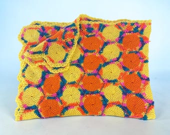 Progetto Linus Copertina per neonati all'uncinetto fatta a mano Motivo a cerchi colorati Bordo smerlato Giallo Arancione