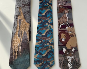 Lot 3 Vintage Animal Ties WWF Wild Cats Crocodile Giraffe Safari USA Wildlife