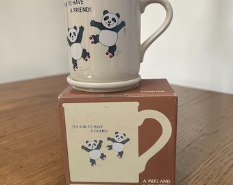 VTG 1984  Hallmark Mug Mates Panda Mug Coaster Japan It’s Fun To Have A Friend New In Box