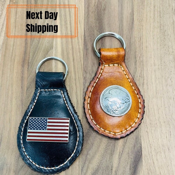 American Flag Leather Keychain Keyfob/Eagle Half-Dollar Concho, Full Grain Leather Keychain/Fob Holder/ Keyring, Made in USA, Gift for Him