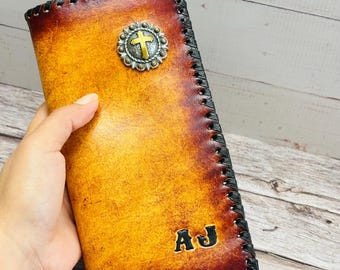 Handmade Tooled Leather Long Wallet, Western Cowhide Billfold, Personalized