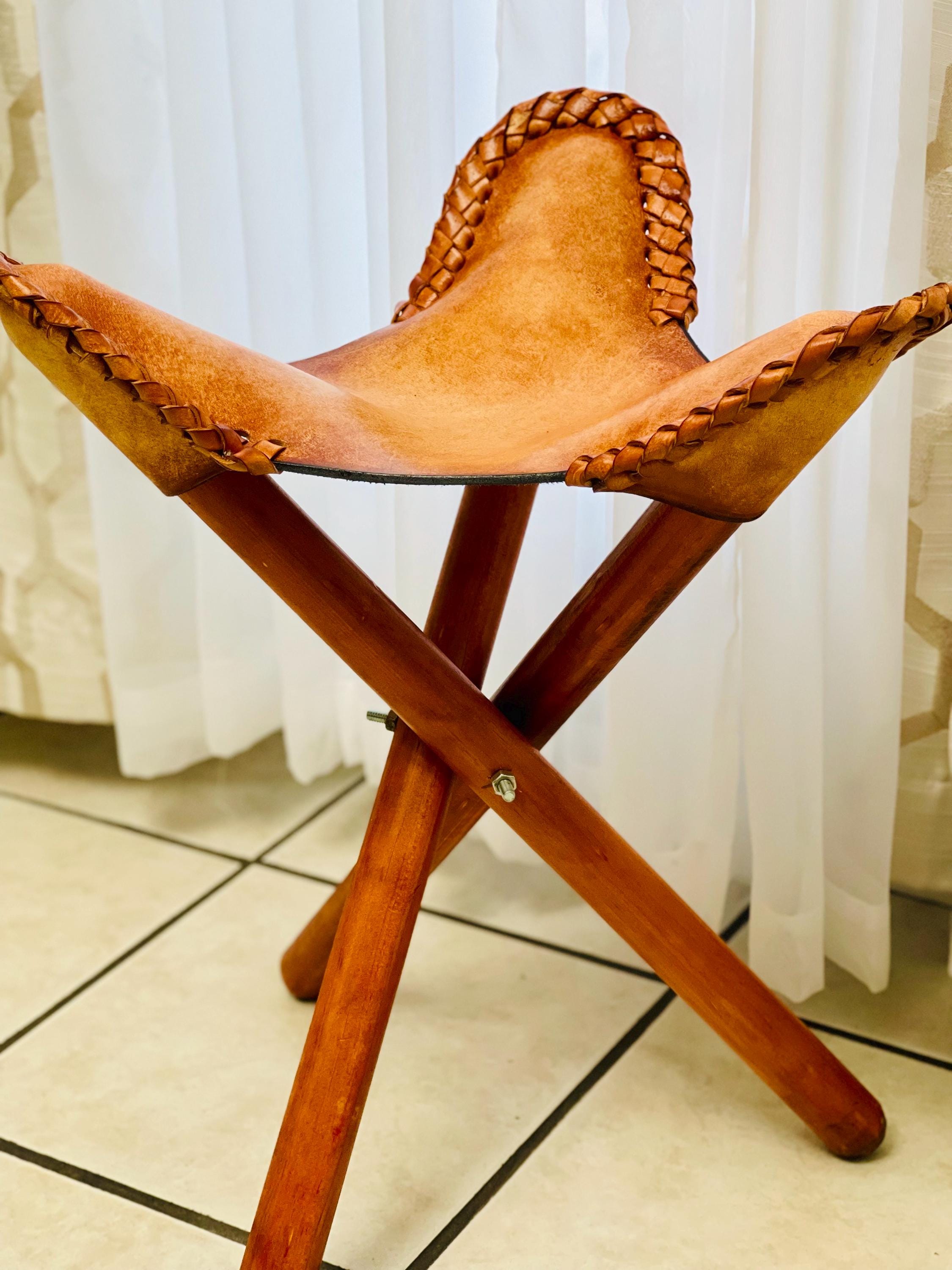 Handmade Leather Stool, Wooden Folding Chair, Perfect for