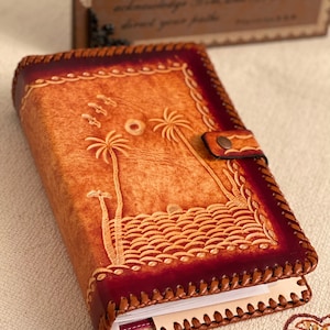 Hand Tooled Leather Bible Cover – Tropical Sunset Design, Full Grain Case