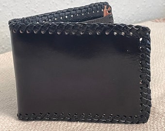 Handmade Black Leather Wallet for Men, Laced Wallet, Birthday Gift for Dad