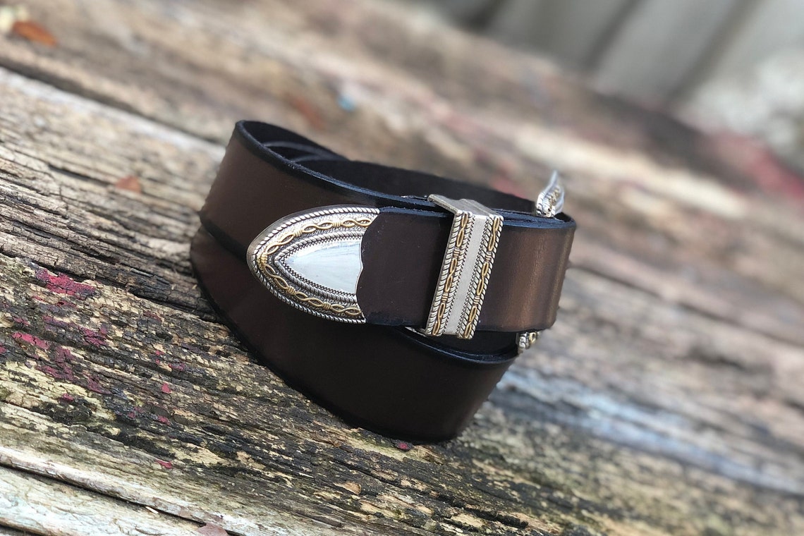 Western Style Leather Belt for Men Silver and Gold Wire Trim Etsy
