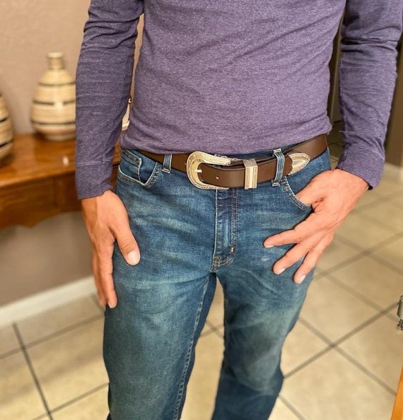 Mens Jean Leather Belt Western Leather Belt for Men Silver Etsy