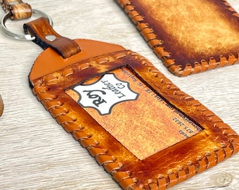 Handcrafted Full Grain Leather ID Badge Holder with Lanyard, Personalized Work Badge Holder, Christmas Gift for Him Her