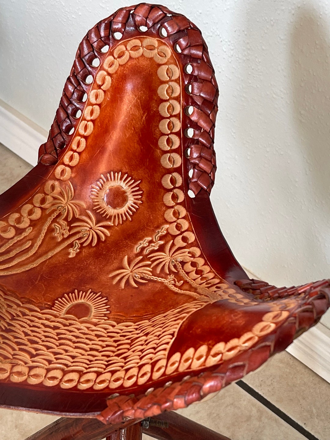 Threelegged Leather Seat, Camping Stool, Farmhouse Decor, Housewarming