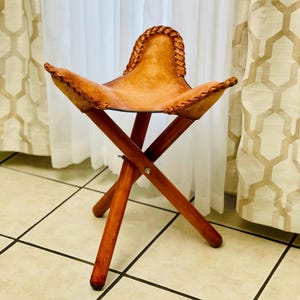 Handmade Leather Folding Stool: Brown Wood Camping Chair