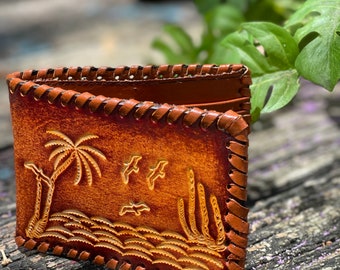 Palm Trees Design Leather Wallet, Custom BiFold Wallet, Men’s Tooled Western Wallet with Leather Lace, Stamped Tropical Design Wallet