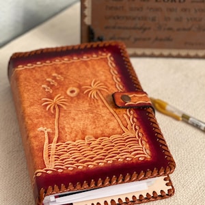 Hand Tooled Leather Bible Cover – Tropical Sunset Design, Full Grain Case