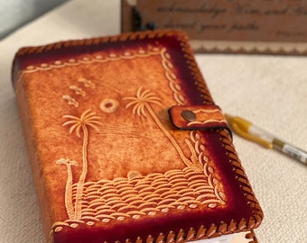 Hand Tooled Leather Bible Cover – Tropical Sunset Design, Full Grain Case