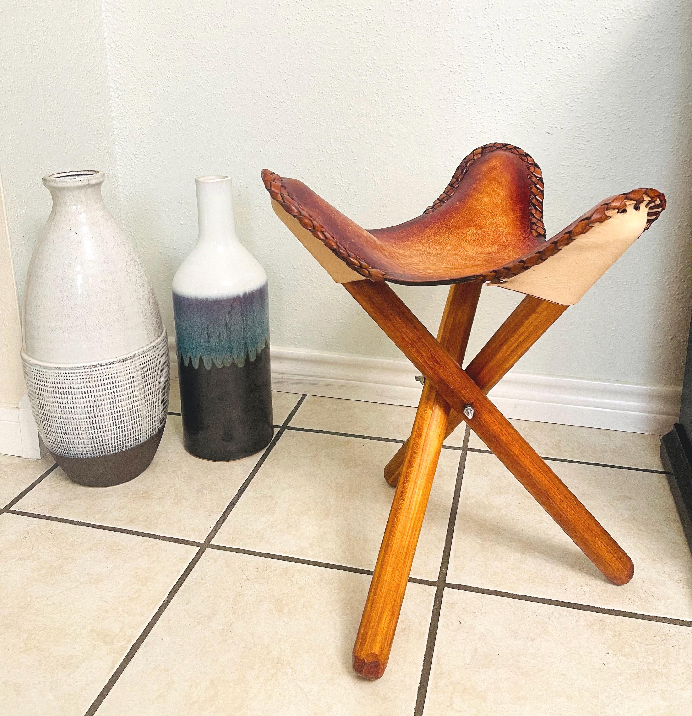 Leather Folding Chair, Wooden Folding Chair, Leather Stool, Handmade Furniture, Folding Stool, Butterfly Decor, Boho Decor, Camping Stool
