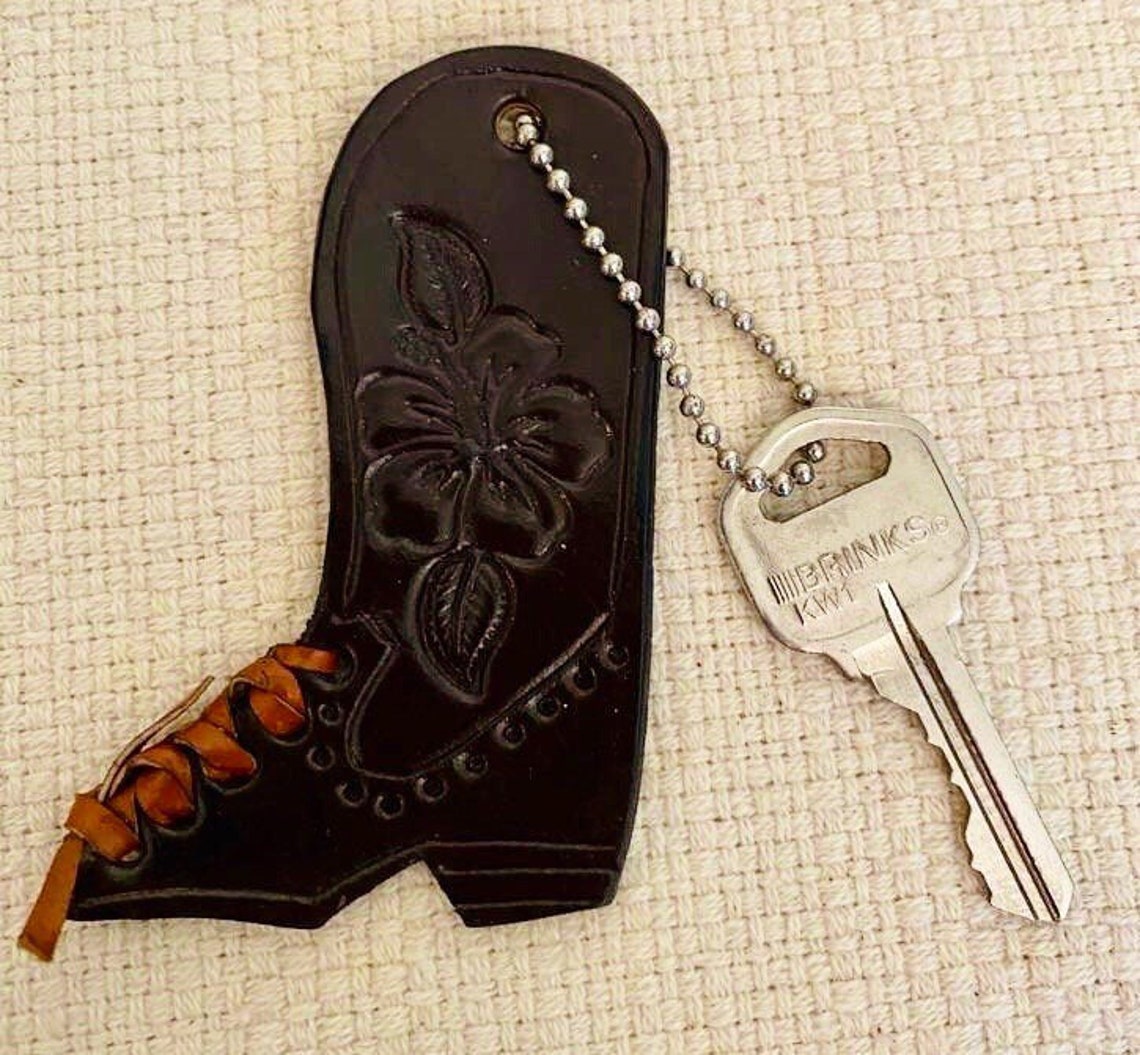 Leather Cowboy Boot Keychain Western Key Fob Floral Design Etsy