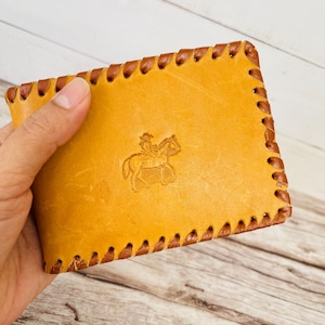 Cartera de cuero color canela, billetera plegable con diseño de caballo y jinete, accesorios de cuero estilo western, regalo para él