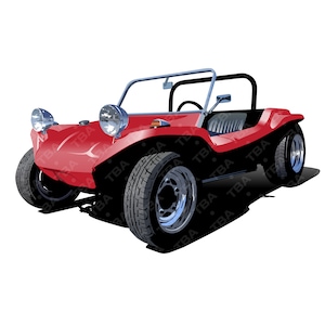 Puede incluir: Un buggy de dunas rojo con un interior negro y una jaula antivuelco. El buggy tiene neumáticos grandes y una sombra negra debajo.