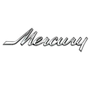 May include: A chrome-finished "Mercury" emblem, featuring a stylized script font. The emblem has a three-dimensional effect, with highlights and shadows that give it a polished appearance. The design is set against a plain white background.