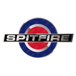 May include: A silver and black logo with the word "SPITFIRE" in black letters on a silver background. The logo is surrounded by a red, white, and blue circle.