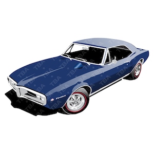 May include: A blue 1967 Pontiac Firebird with a white stripe along the side. The car has a black interior and a white steering wheel. The car is sitting on a white background.
