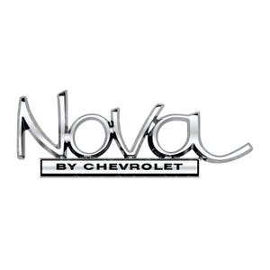 May include: Chrome-finished "Nova" emblem with the text "BY CHEVROLET" in a rectangular bar below. The emblem features a stylized script font, with a bright, reflective surface, set against a white background.