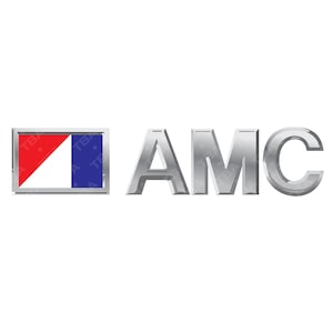 May include: A silver-colored logo with the letters "AMC" in a bold, sans-serif font. To the left is a rectangular emblem with a red and white triangle, and blue sections, all within a silver frame. The background is white.