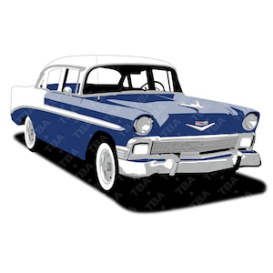 May include: A blue and white classic car from the 1950s with chrome accents. The car has a white roof and a blue body. The car is a four-door saloon.
