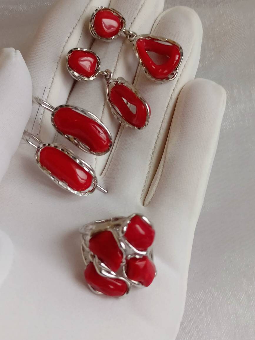 Sardinian Red Coral Ring Earrings 925 Sterling Silver - Etsy