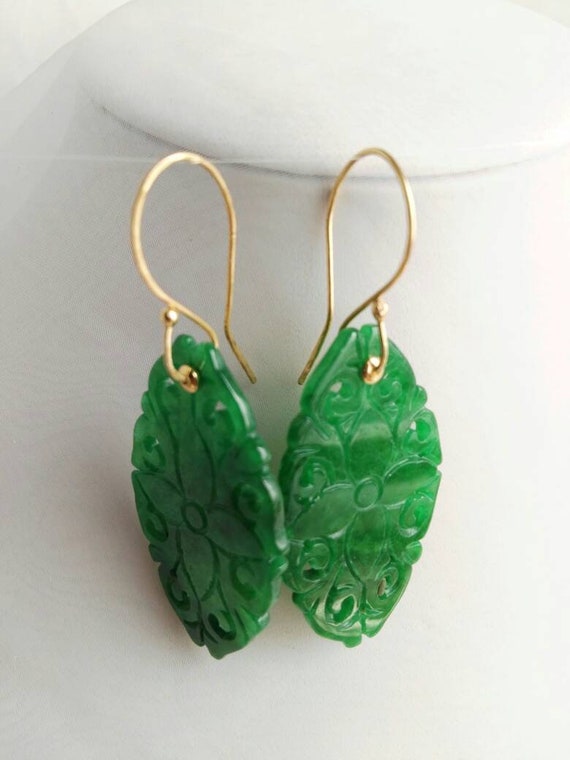 18k Yellow Gold Carved Green Jade Hooks Earrings 925 | Etsy