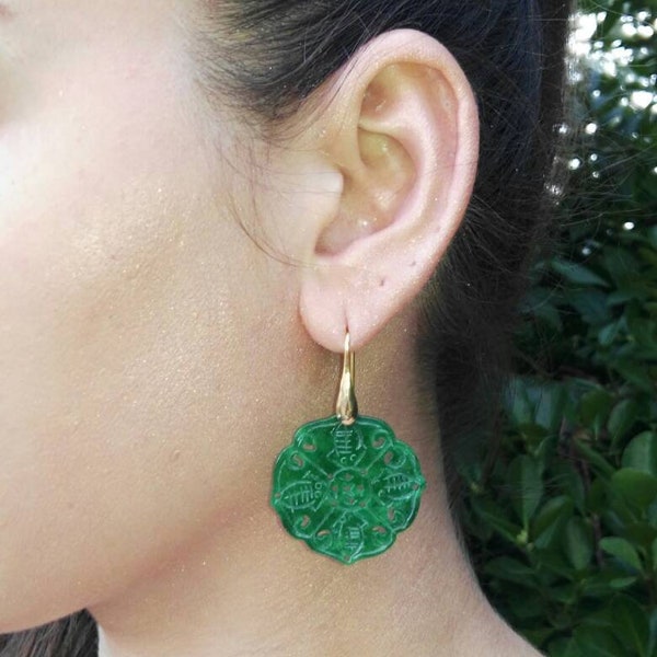 Carved Green Jade Earrings, Pendant, 925 Silver, 18k Gold, Hoop Jade, Handmade Wrapped Wire Jewel, Gemstones, Good Luck, HEART, LOVE, GIFT,