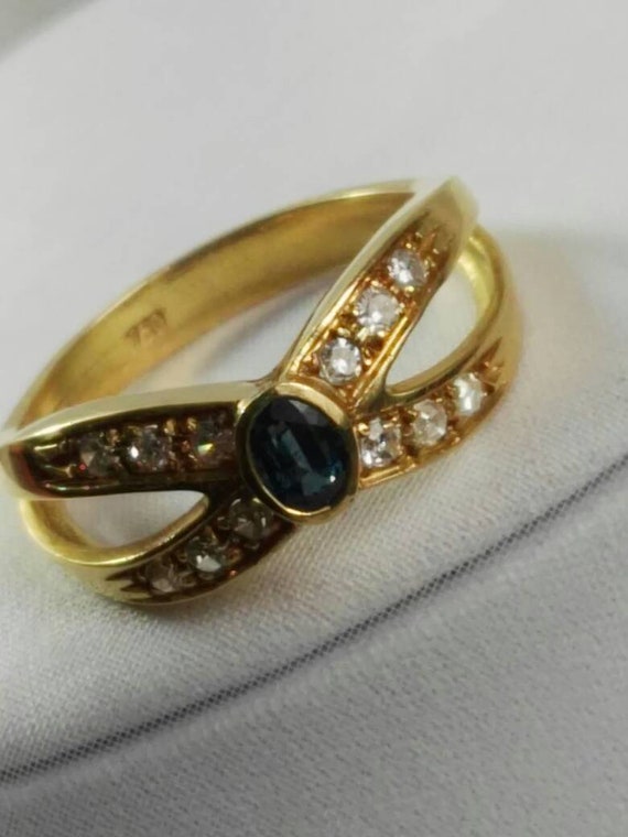 Ring 18k Yellow Gold Gemstones Diamond Blue Sapphire Bride | Etsy