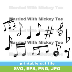 May include: A set of black musical note cut files for crafting and design projects. The set includes a variety of notes, including a treble clef, sharp, flat, and whole notes.