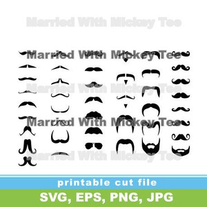 May include: A set of 20 black and white mustache illustrations. The illustrations are in various styles, including handlebar, pencil, and chevron mustaches. The illustrations are perfect for crafting, scrapbooking, or digital design.