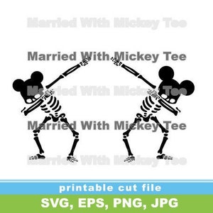 May include: Two black skeleton Mickey Mouse figures are doing the dab dance. The text "Married With Mickey Tee" is written above the figures.