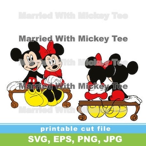 May include: A digital cut file featuring Mickey Mouse and Minnie Mouse sitting on a bench. The image is in a cartoon style and is suitable for crafting projects.
