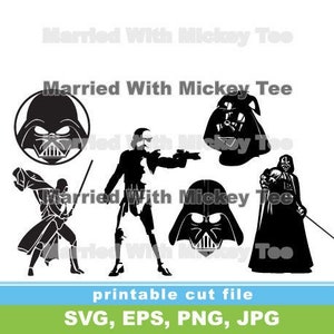 May include: Black and white silhouette cut file designs of Star Wars characters, including Darth Vader, a Stormtrooper, and a lightsaber. The text "Married With Mickey Tee" is also included in the design.