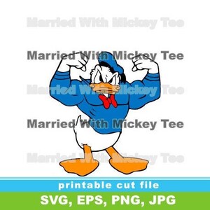 May include: A cartoon illustration of Donald Duck flexing his biceps. He is wearing a blue shirt with a red bow tie and a blue sailor hat. The text "Married With Mickey Tee" appears three times in the image.