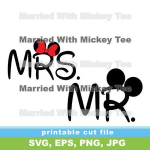 以下が含まれることがあります： 「MRS.」と「MR.」の言葉の白黒のグラフィックデザイン。 「MRS.」には赤いリボン、「MR.」にはミッキーマウスの耳が付いている