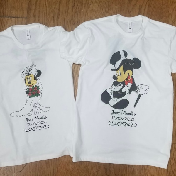 Custom wedding day gift for Just Married matching couples shirts with wedding date Minnie Mouse Bride and Mickey Mouse Groom moon etsy